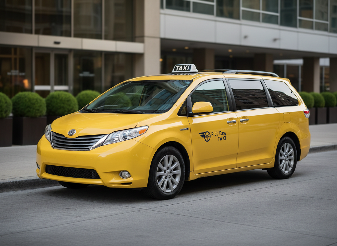 A sleek, late-model yellow taxi minivan with a subtle Ride Easy Taxi logo on the door, parked crisply at the curb in front of a modern city hotel entrance. The vehicle’s paint is spotless and reflective, with clean windows and clearly visible roof light and side mirrors. Soft late-afternoon natural light glows across the bodywork, creating gentle highlights on the curves and faint shadows on the pavement. The hotel’s glass facade and neatly trimmed planters appear softly blurred in the background. Photographic realism, shot at eye level with a slight three-quarter angle, sharp focus on the vehicle and a mild bokeh effect behind, conveying professionalism, reliability, and a modern transportation service.